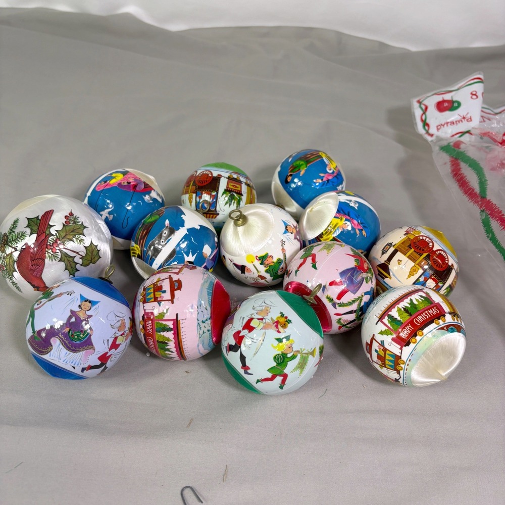 Vtg MCM Pyramid Christmas Ornaments Spun Silk Plastic Wrap Satin Sheen